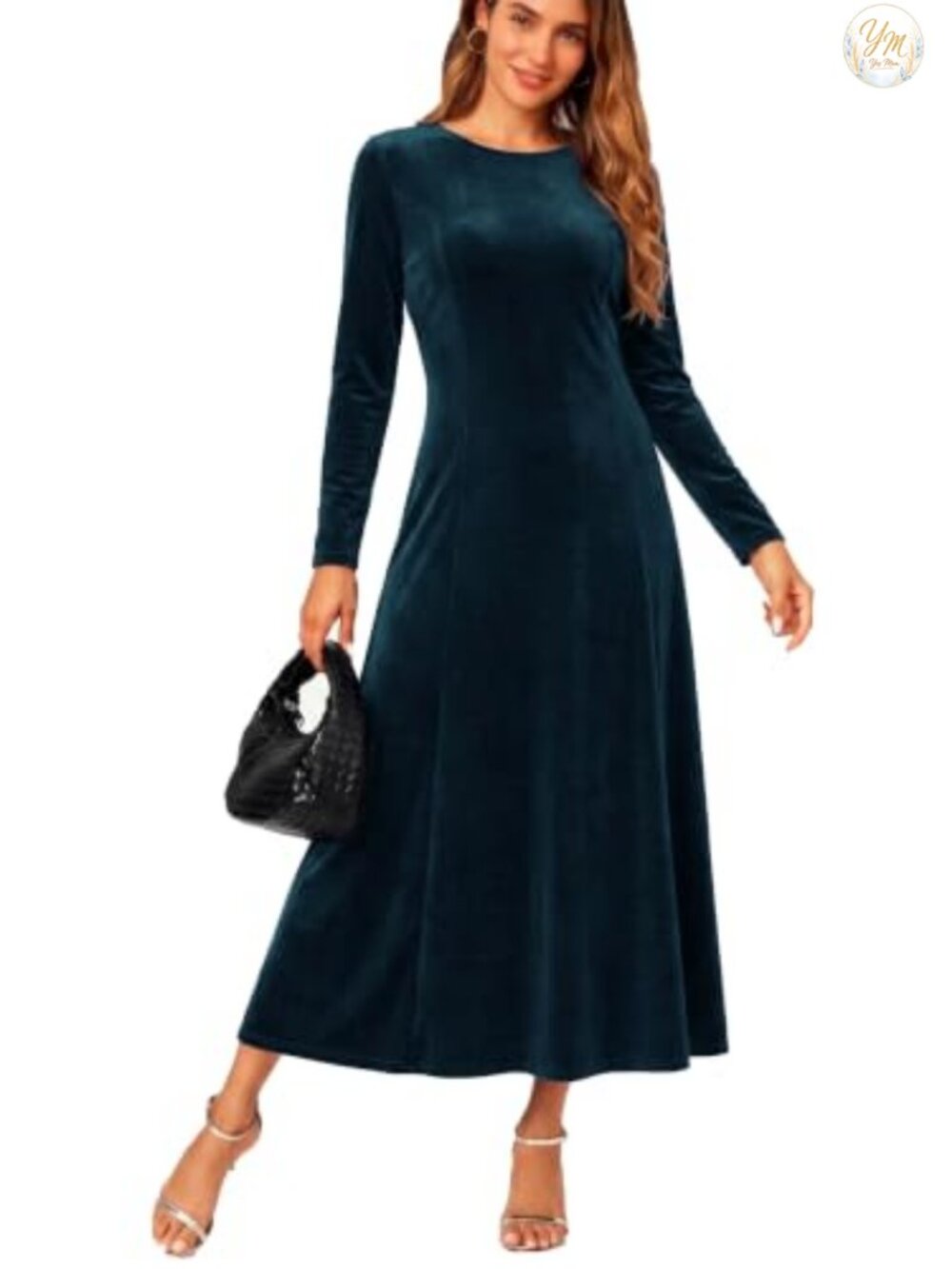 Elegant Velvet Midi Dress Scoop Neck Long Sleeve Ruched Formal Party